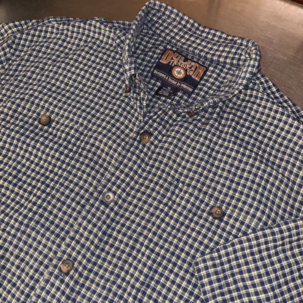 VTG Duluth Trading Short Sleeve Button Up Mens‎ XL Blue Yellow Plaid Seersucker